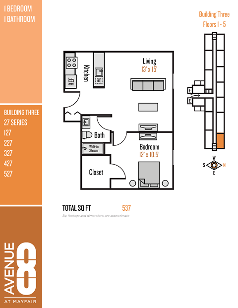 Floor plan for 1 bed, 1 bath, 537 sqft